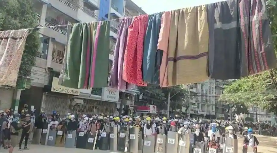 Myanmar protesters string up women`s clothes for protection